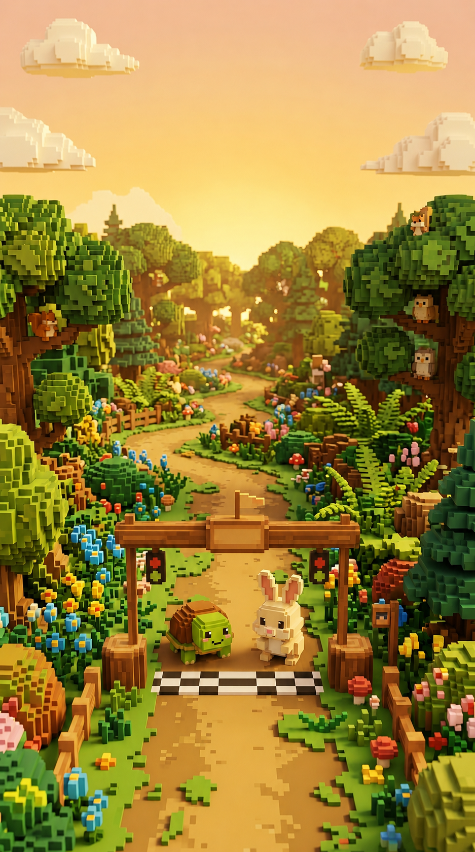 Voxel forest scene with turtle and rabbit at the starting line